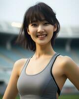 Beautiful smiling asian girl athlete in sports arena AI Generative photo