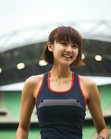 hermosa sonriente asiático niña atleta en Deportes arena ai generativo foto