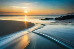a long exposure photograph of the sun setting over the ocean. AI-Generated photo