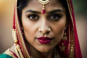 a beautiful indian woman wearing a red and gold sari. AI-Generated photo