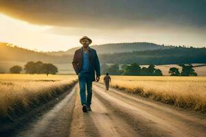 a man walking down a dirt road with a hat on. AI-Generated photo