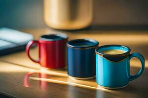 three colorful coffee mugs on a wooden table. AI-Generated photo