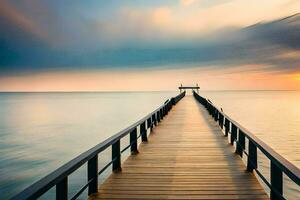 un largo de madera muelle estiramientos fuera dentro el océano. generado por ai foto