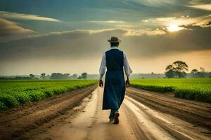 a man in a hat and blue dress walking down a dirt road. AI-Generated photo