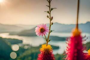 un flor en frente de un lago y montañas. generado por ai foto
