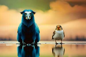 a blue bird and a brown bird are standing on the water. AI-Generated photo