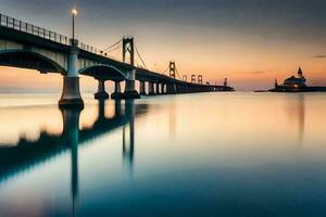un puente abarcando terminado el agua a puesta de sol. generado por ai foto
