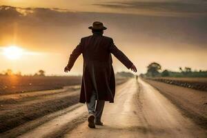 un hombre en un sombrero y Saco caminando abajo un suciedad la carretera. generado por ai foto