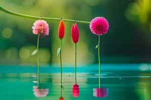 Tres rosado flores son flotante en el agua. generado por ai foto