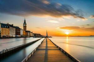 a pier with a clock tower in the background at sunset. AI-Generated photo