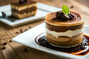 un postre con chocolate y café en un blanco lámina. generado por ai foto