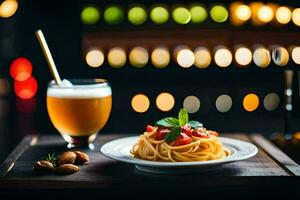 spaghetti and beer on a wooden table. AI-Generated photo