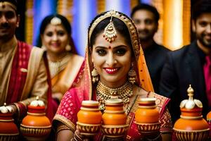 a woman in traditional indian attire holding a pot of oil. AI-Generated photo