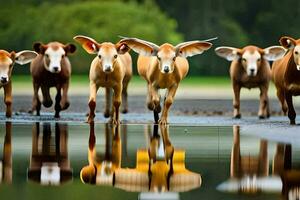 un grupo de vacas caminando a través de un mojado campo. generado por ai foto