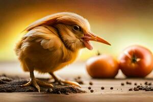 un pollo con sus boca abierto y un tomate. generado por ai foto