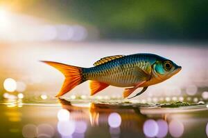 un pescado es en pie en el agua con un brillante ligero. generado por ai foto