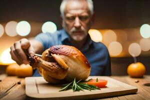 an older man is holding a turkey on a cutting board. AI-Generated photo