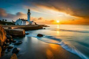 a lighthouse sits on the shore of a rocky beach at sunset. AI-Generated photo