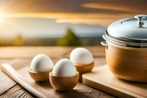 huevos en de madera bochas en un mesa con un cacerola. generado por ai foto