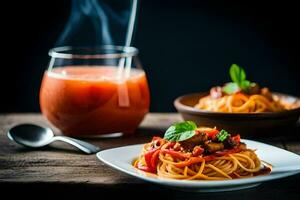 spaghetti with tomato sauce and meat on a plate. AI-Generated photo