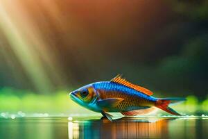 a fish is standing on the water with sunlight shining on it. AI-Generated photo