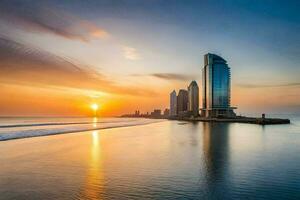 the sun sets over the ocean and buildings in dubai. AI-Generated photo