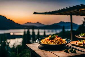 un comida en el terraza de un restaurante en el montañas. generado por ai foto