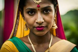 un mujer vistiendo un tradicional sari y joyas. generado por ai foto