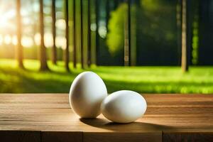 dos huevos en un de madera mesa en frente de un bosque. generado por ai foto