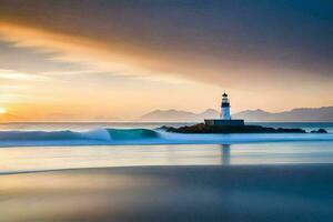 a lighthouse stands on the shore of a beach at sunset. AI-Generated photo