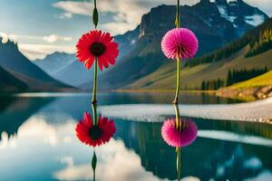 dos flores son reflejado en un lago con montañas en el antecedentes. generado por ai foto