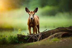 a deer stands on a log in front of a pond. AI-Generated photo