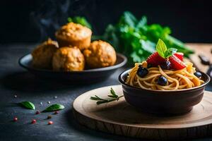 spaghetti with berries and mint leaves in a bowl. AI-Generated photo