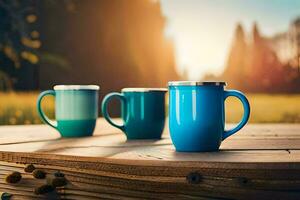 three blue mugs sitting on a wooden table. AI-Generated photo