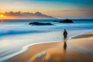 un hombre en pie en el playa a puesta de sol. generado por ai foto