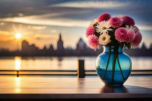 a vase with flowers on a table in front of a city skyline. AI-Generated photo