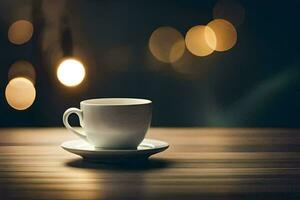 a cup of coffee on a table in front of a bokeh background. AI-Generated photo