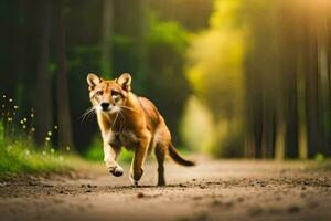 a dog running on a dirt road in the forest. AI-Generated photo