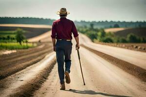 un hombre caminando abajo un suciedad la carretera con un caña. generado por ai foto