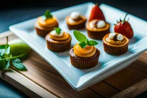 cupcakes on a plate with strawberries and mint. AI-Generated photo