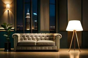 a leather couch in front of a cityscape. AI-Generated photo
