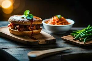 a burger and some green beans on a wooden board. AI-Generated photo
