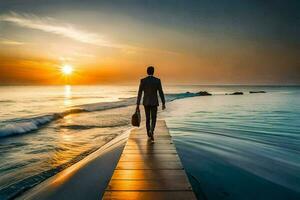 un hombre en un traje camina en un de madera muelle a puesta de sol. generado por ai foto