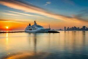 a yacht in the water at sunset with the city skyline in the background. AI-Generated photo