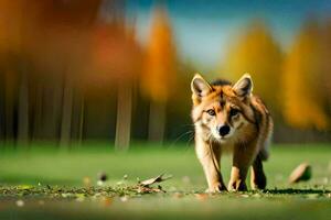 un lobo caminando mediante un campo con arboles en el antecedentes. generado por ai foto