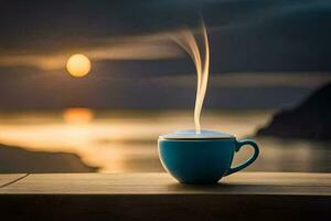 coffee cup on the table with a view of the sea. AI-Generated photo