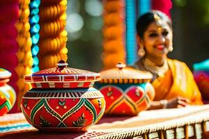 a woman in an indian sari stands next to colorful pots. AI-Generated photo