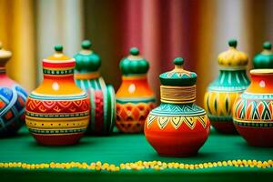 colorful vases are arranged on a table. AI-Generated photo