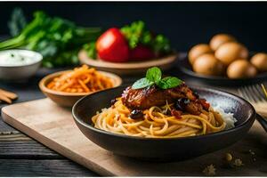 spaghetti with meat and vegetables in a bowl. AI-Generated photo