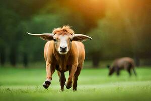 un vaca corriendo en el césped. generado por ai foto